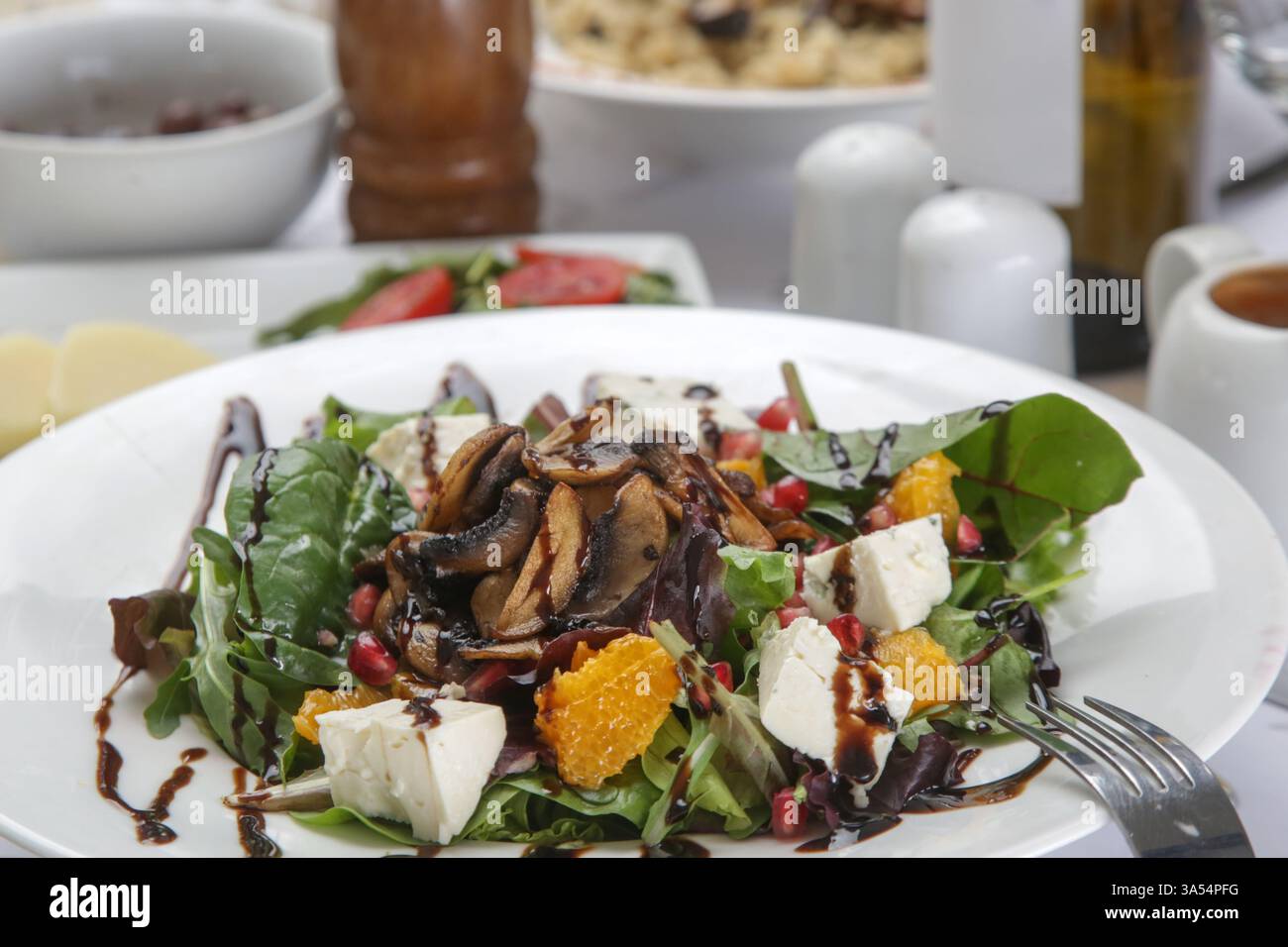 Mediterranean Grilled Mushroom Salad. Flavourful and Nutrient Packed Lunch. Stock Photo