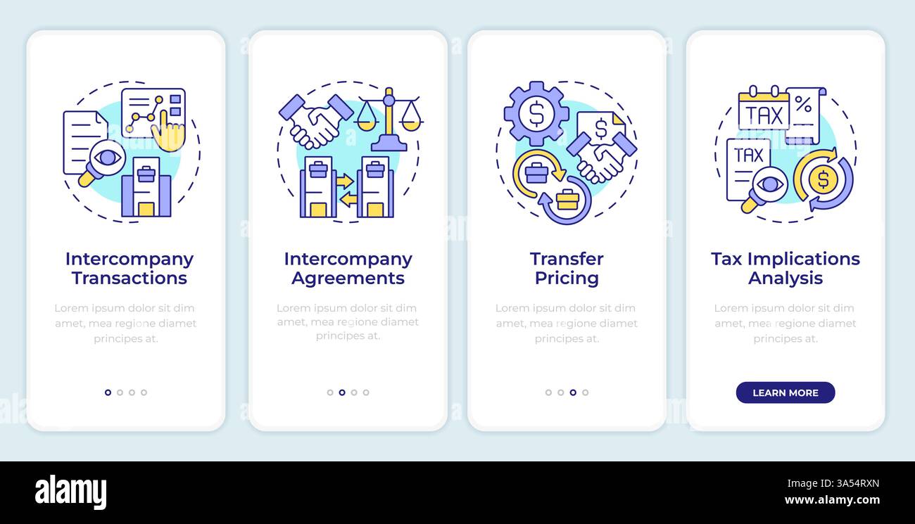 Intercompany transaction process onboarding mobile app screen Stock Vector