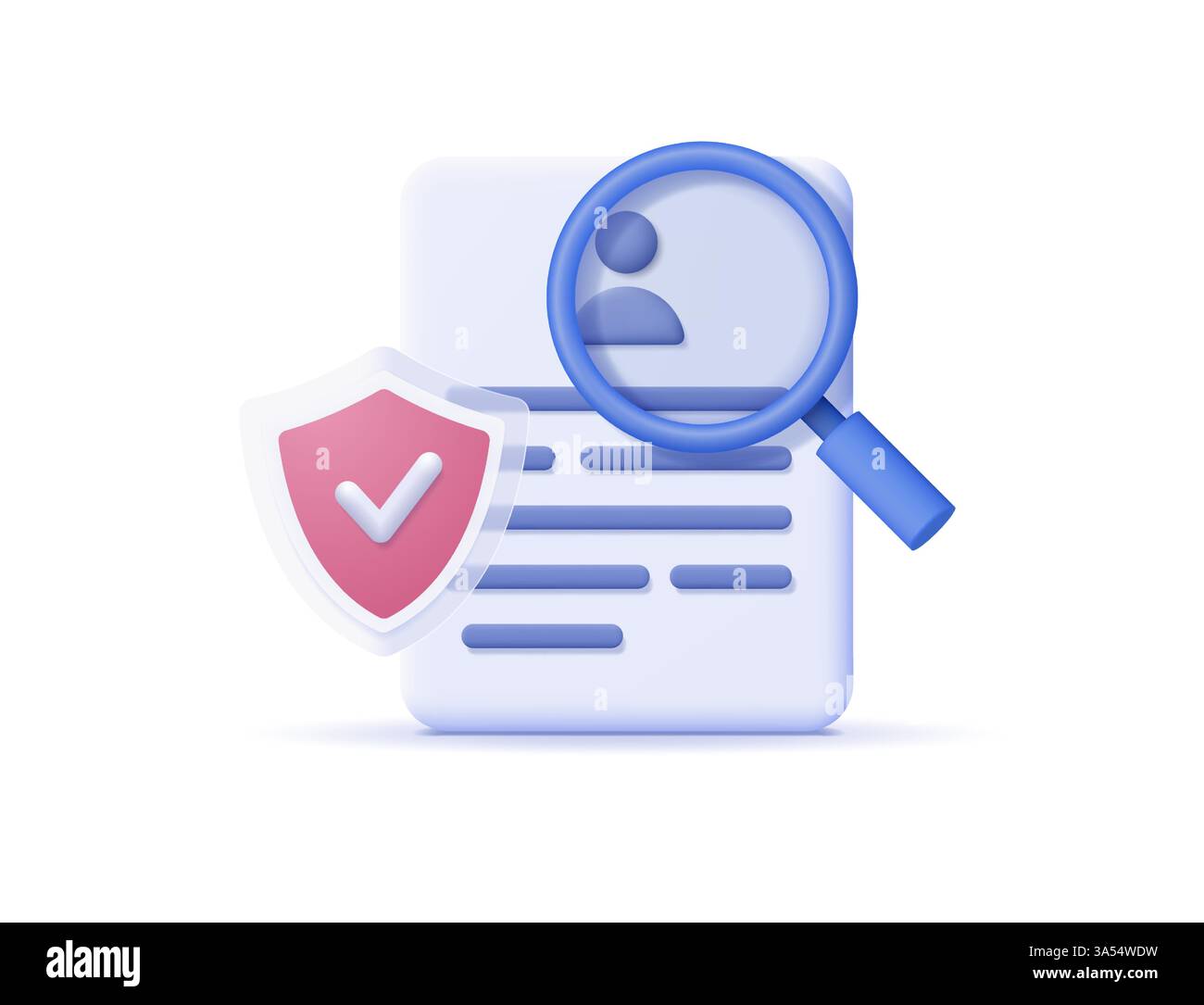 Document with shield under magnifying glass. Vector 3d illustration. Stock Vector