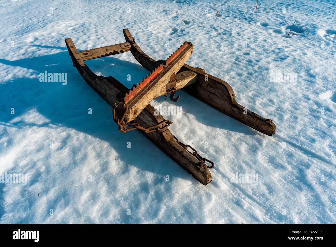Timber Sledge old timber sledge for horse in the morning light Stock Photo - Alamy