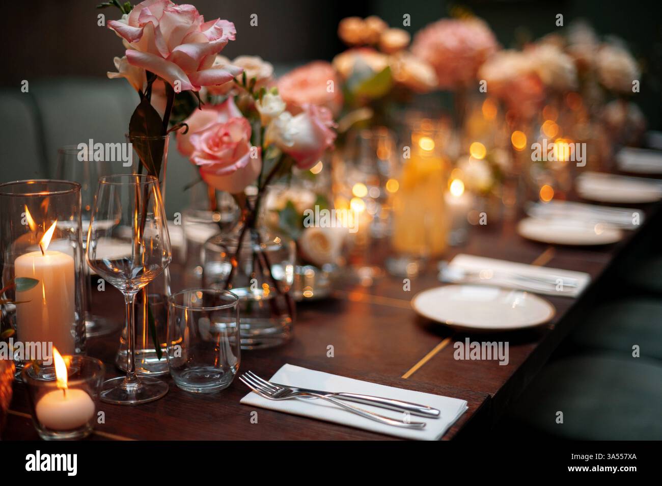 Beautiful table setting for wedding or another catered event dinner. Stock Photo