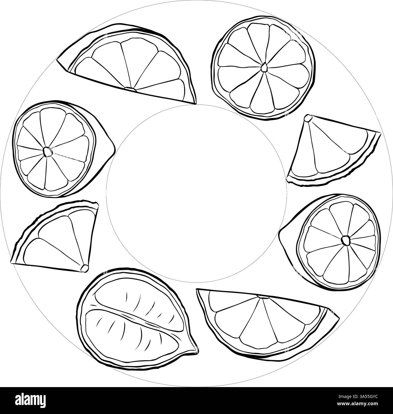 Lemon circle round frame vector drawing. Hand drawn summer illustration ...