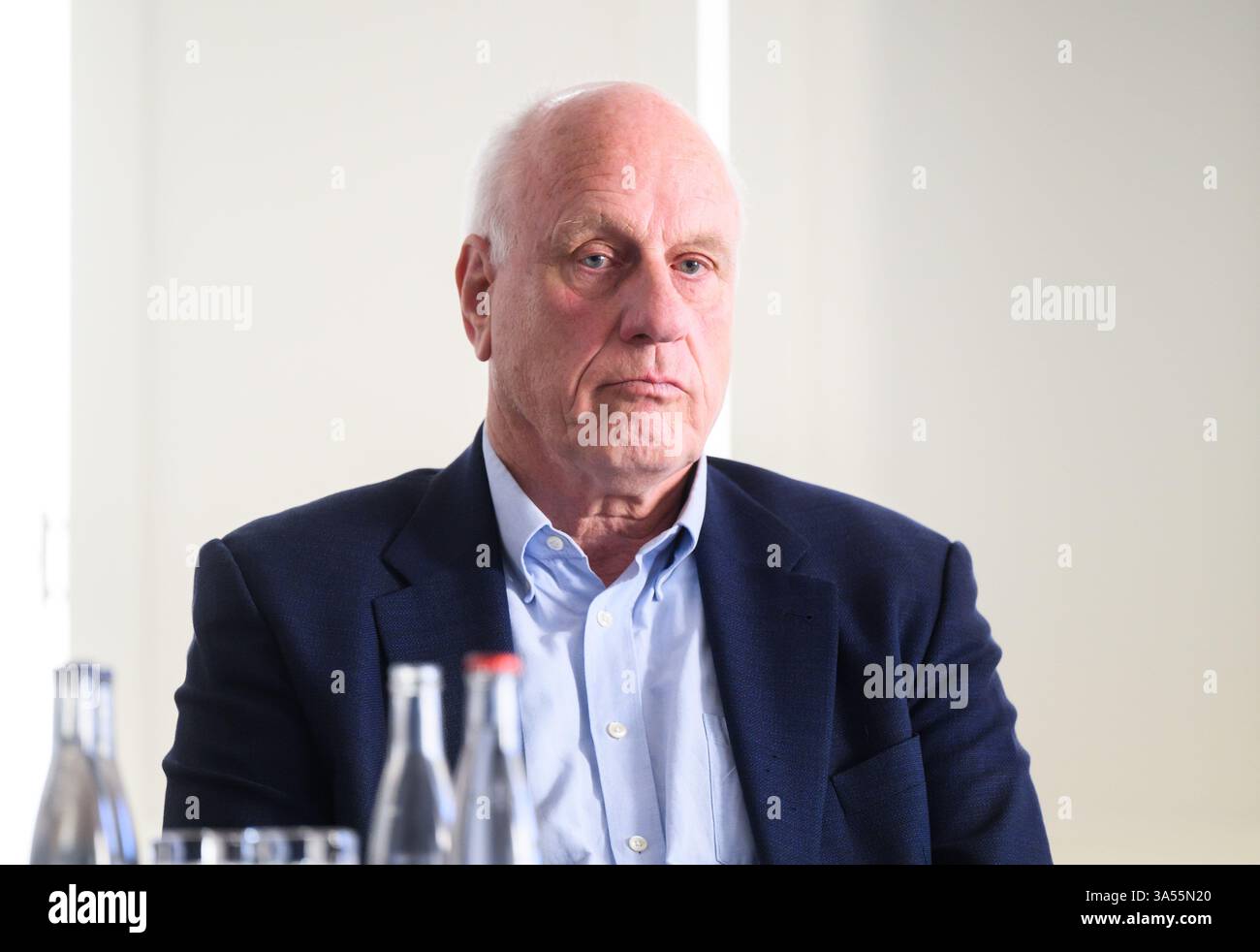 Hildesheim, Germany. 21st Mar, 2025. Christian Schrapper, Institute for Social Work in Münster and member of the research consortium, sits at a press conference in the Episcopal Vicariate General. The diocese of Hildesheim has commissioned a consortium of several independent research institutions to investigate sexualized violence in the diocese's area of responsibility. Following studies in 2017 and 2021, this is the third major reappraisal project in the diocese of Hildesheim. Credit: Julian Stratenschulte/dpa/17�Թ����� Live News Stock Photo