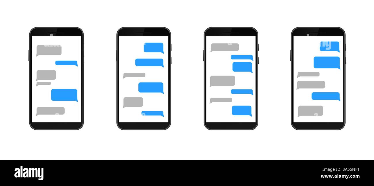 Smartphones displaying interactive text messages on different screens in a row Stock Vector