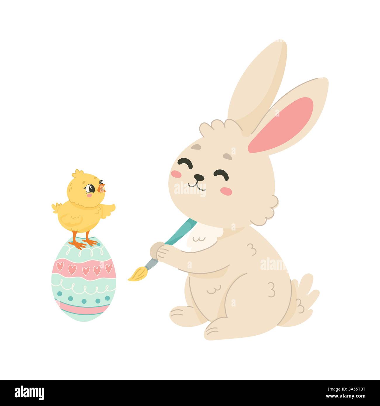 Adorable Easter Bunny Painting an Egg Cute Spring Illustration Stock Vector