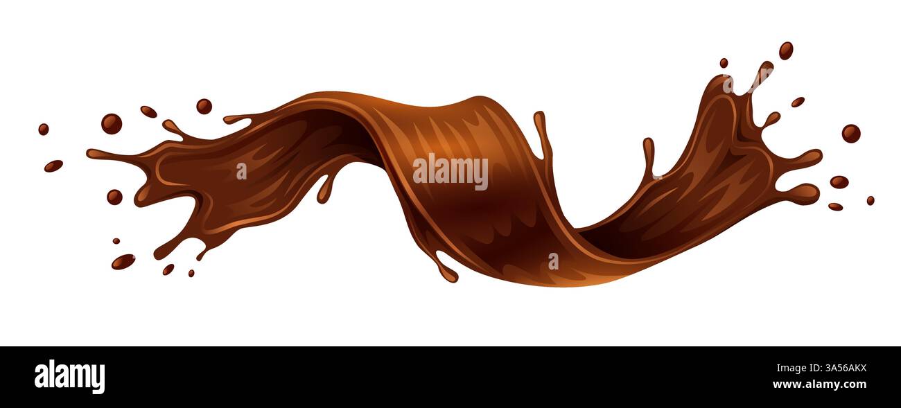 Realistic liquid chocolate wave splash isolated on white background. Swirl with drops. Vector illustration Stock Vector