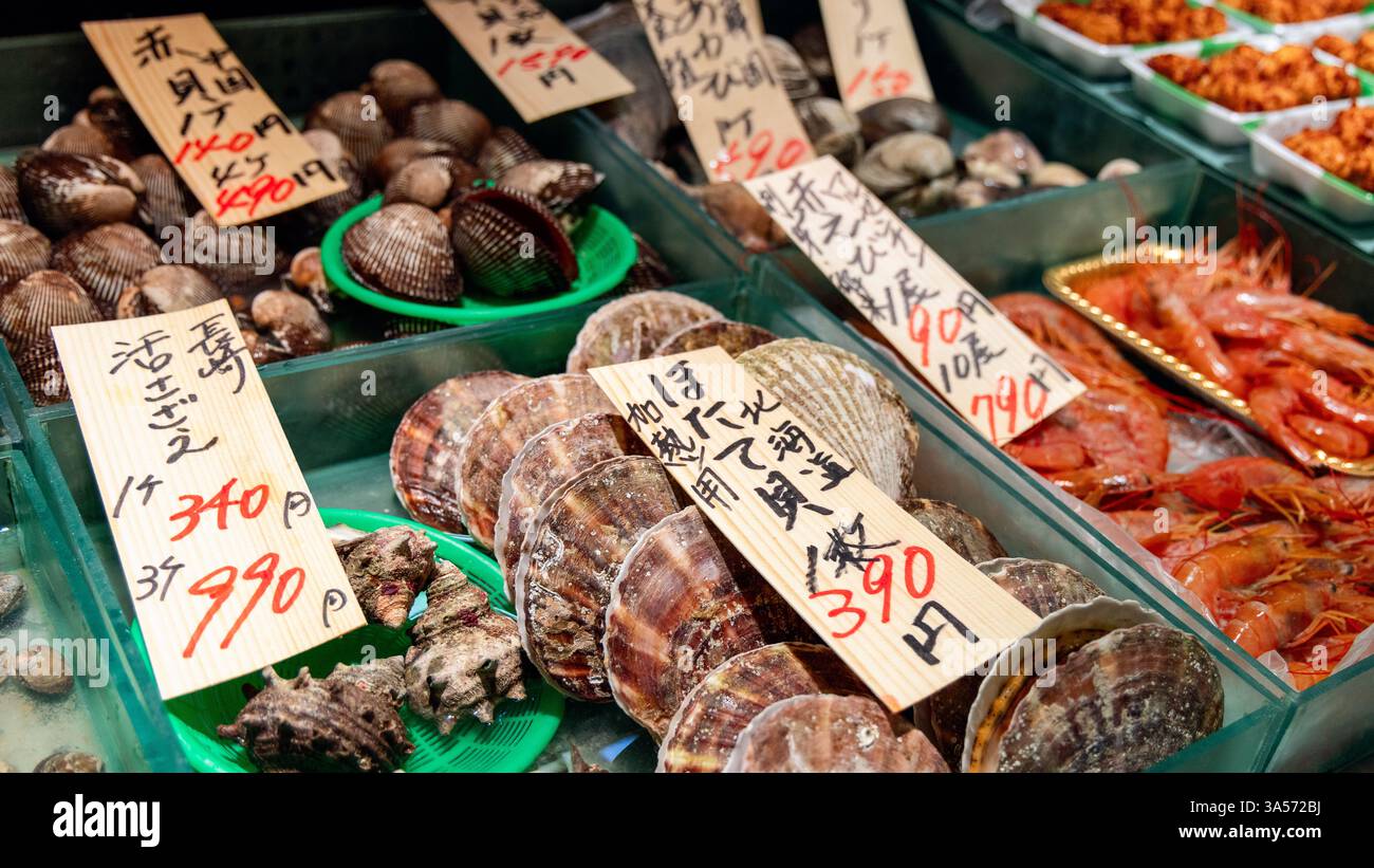 Shellfish Display Tags A seafood display at a Tokyo fish market featuring fresh scallops ...