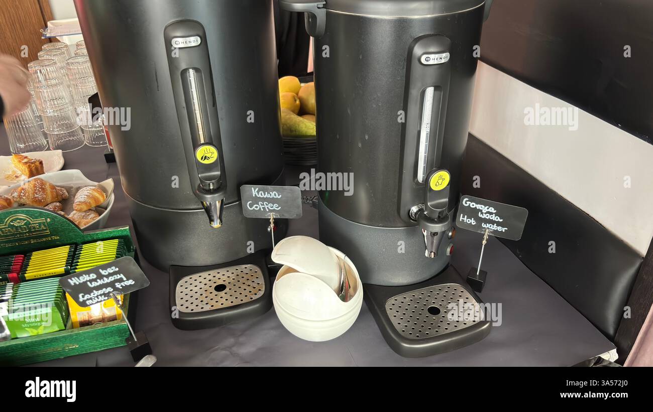 Coffee and tea station in a modern hotel. Mass catering for buffet breakfast - Smartphone Captured Stock Image