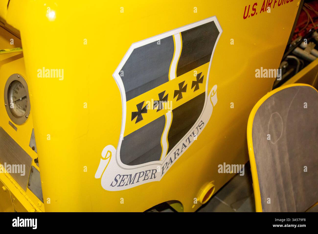 Riverside, California, United States - 06-05-2019: A view of a military chevron on the side of an AG-330 Start Cart. Stock Photo