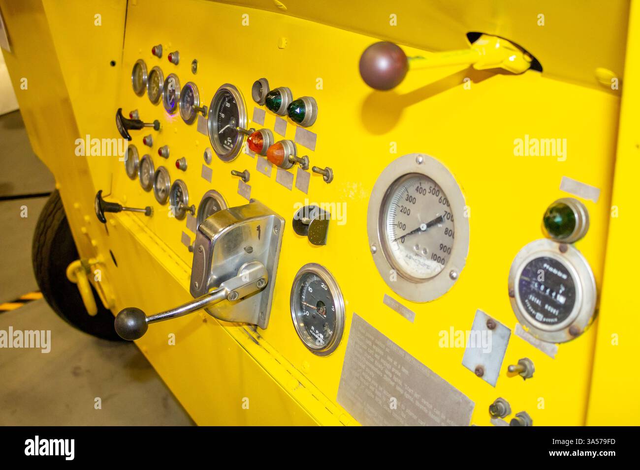 Riverside, California, United States - 06-05-2019: A view of the control console on an AG-330 Start Cart, on display at the March Field Air Museum. Stock Photo