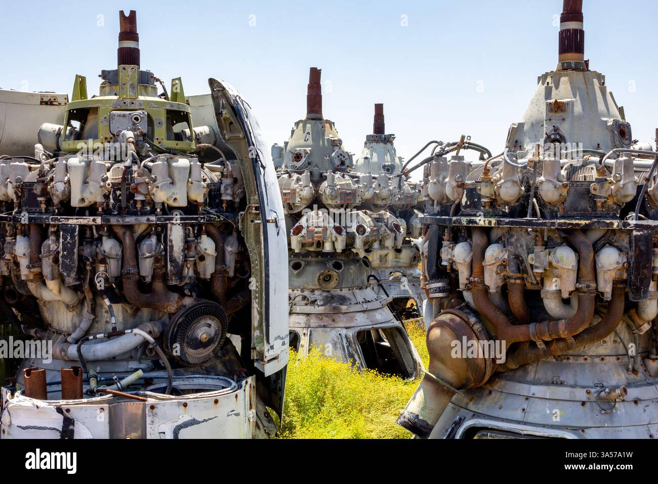 A view of several jet engines and parts at an aircraft graveyard Stock ...