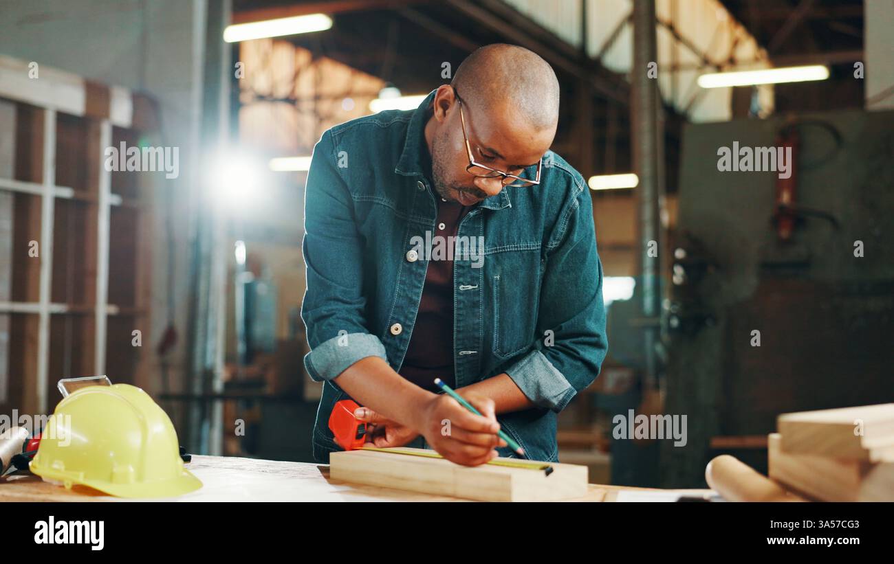 Measuring tape, wood and writing with carpenter black man in workshop ...