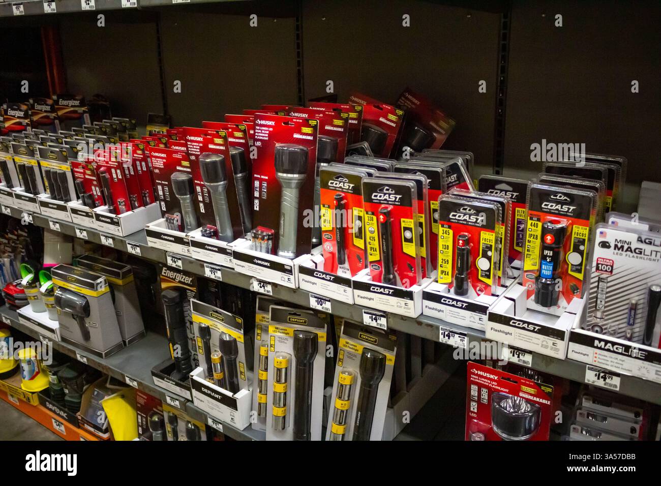 Los Angeles, California, United States - 06-08-2019: A view of several brands of flashlights, at the store. Stock Photo