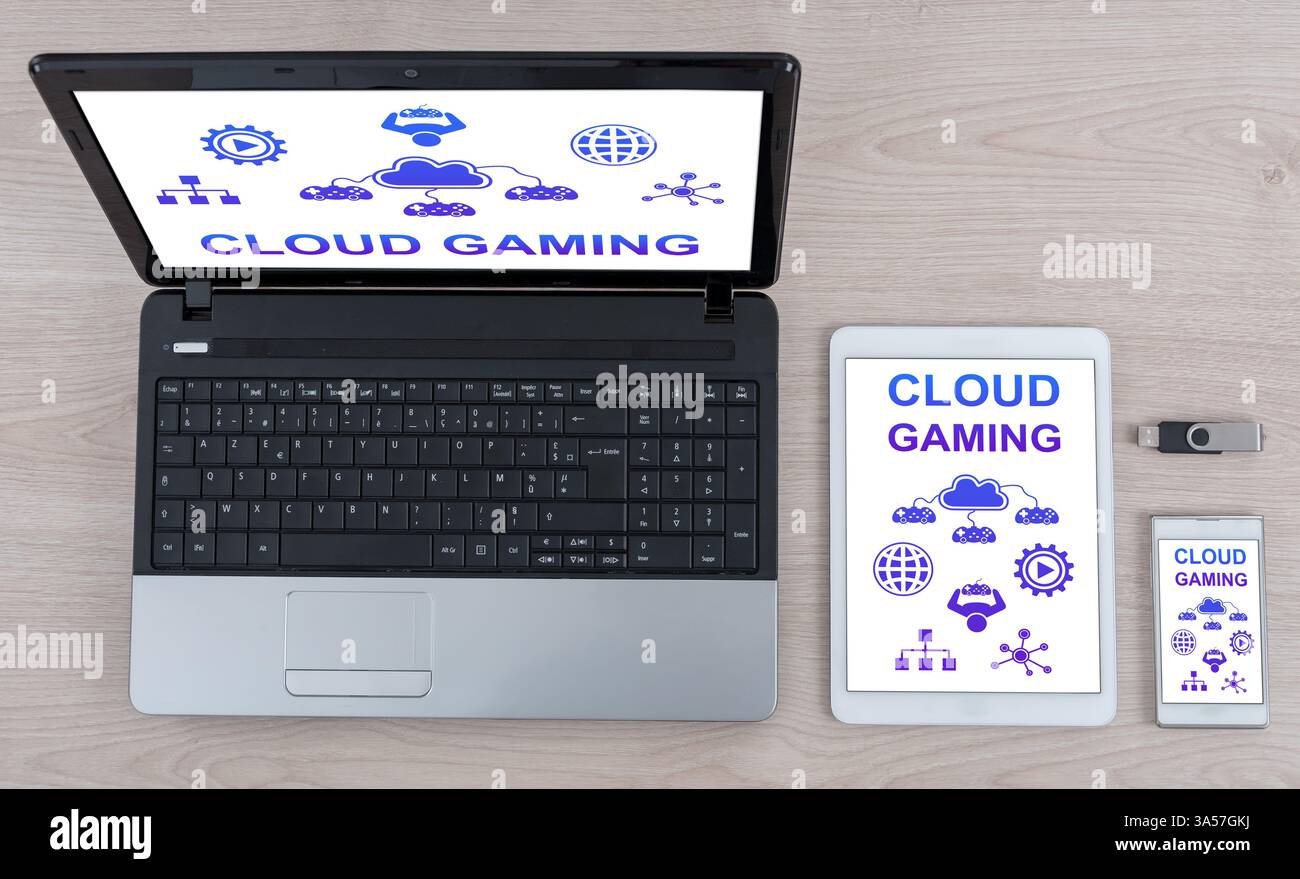 Cloud gaming concept shown on different information technology devices Stock Photo
