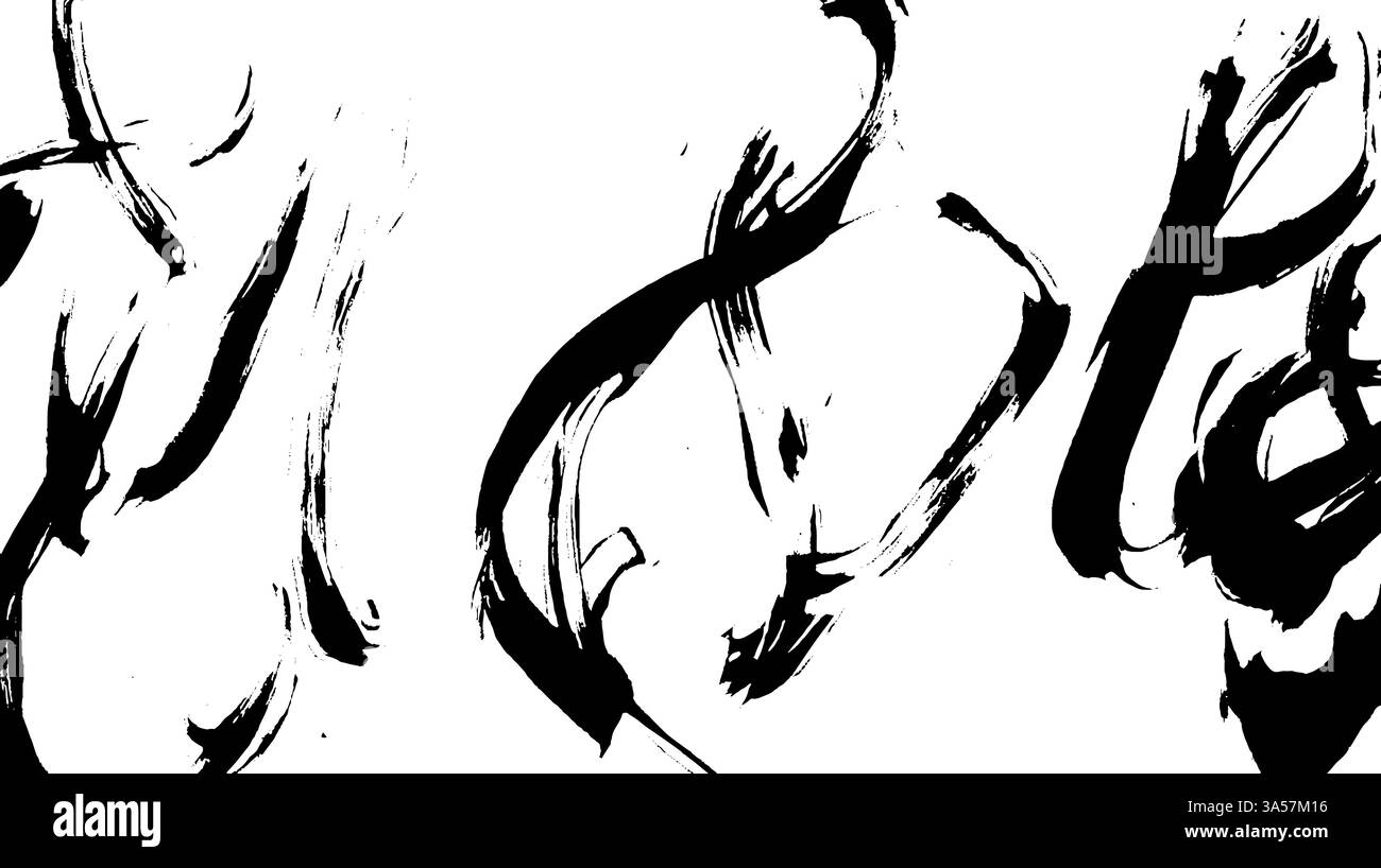 Abstract black ink brush strokes on a white background, creating a ...