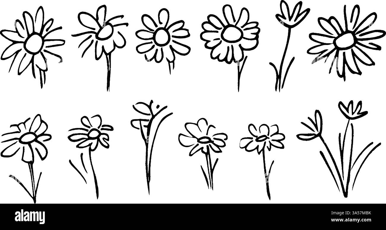A collection of hand-drawn flowers in various styles and sizes ...