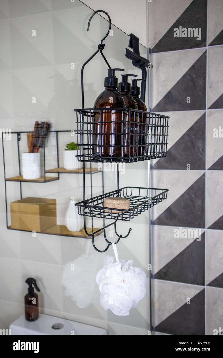 Picture of Minimalist Bathroom, Black Metal Shower Organizer with Bathroom ...