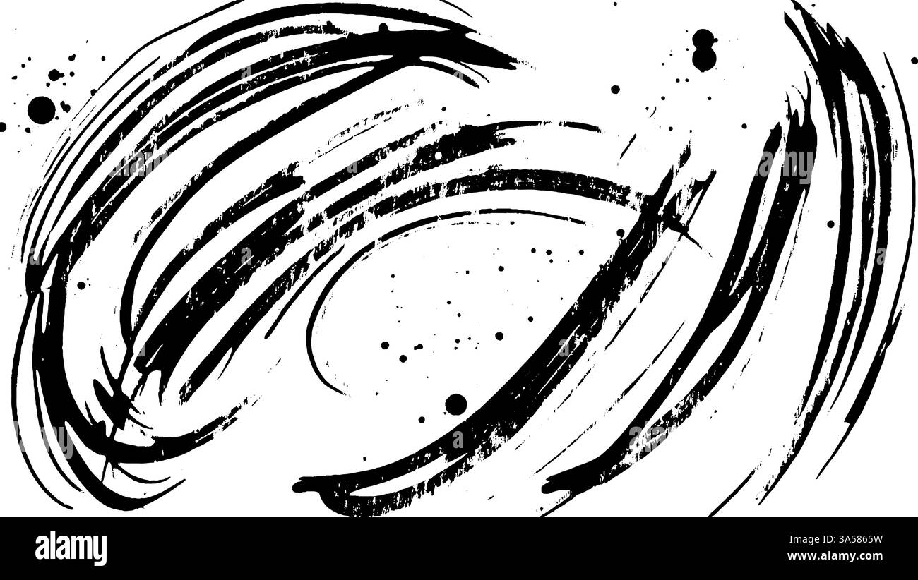 Abstract black brush strokes with splatters on a white background ...