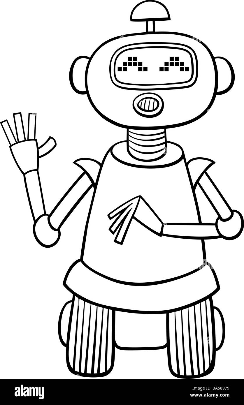 Cartoon illustration of funny red robot or droid fantasy character waving its hand coloring page ...