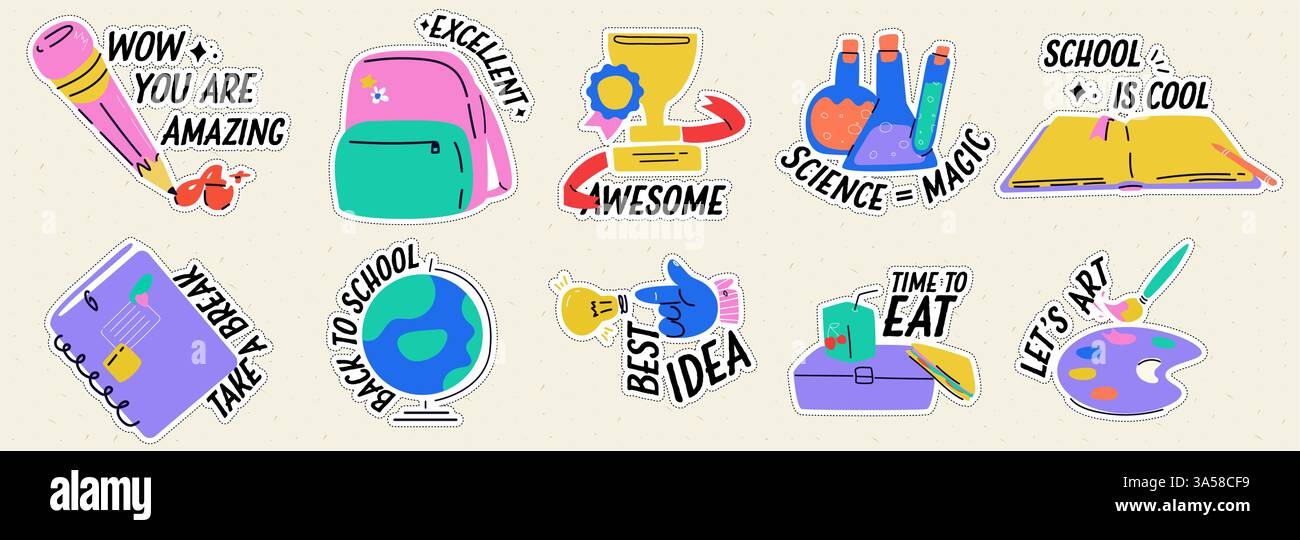 A set of modern back-to-school-themed stickers. Motivational phrases ...