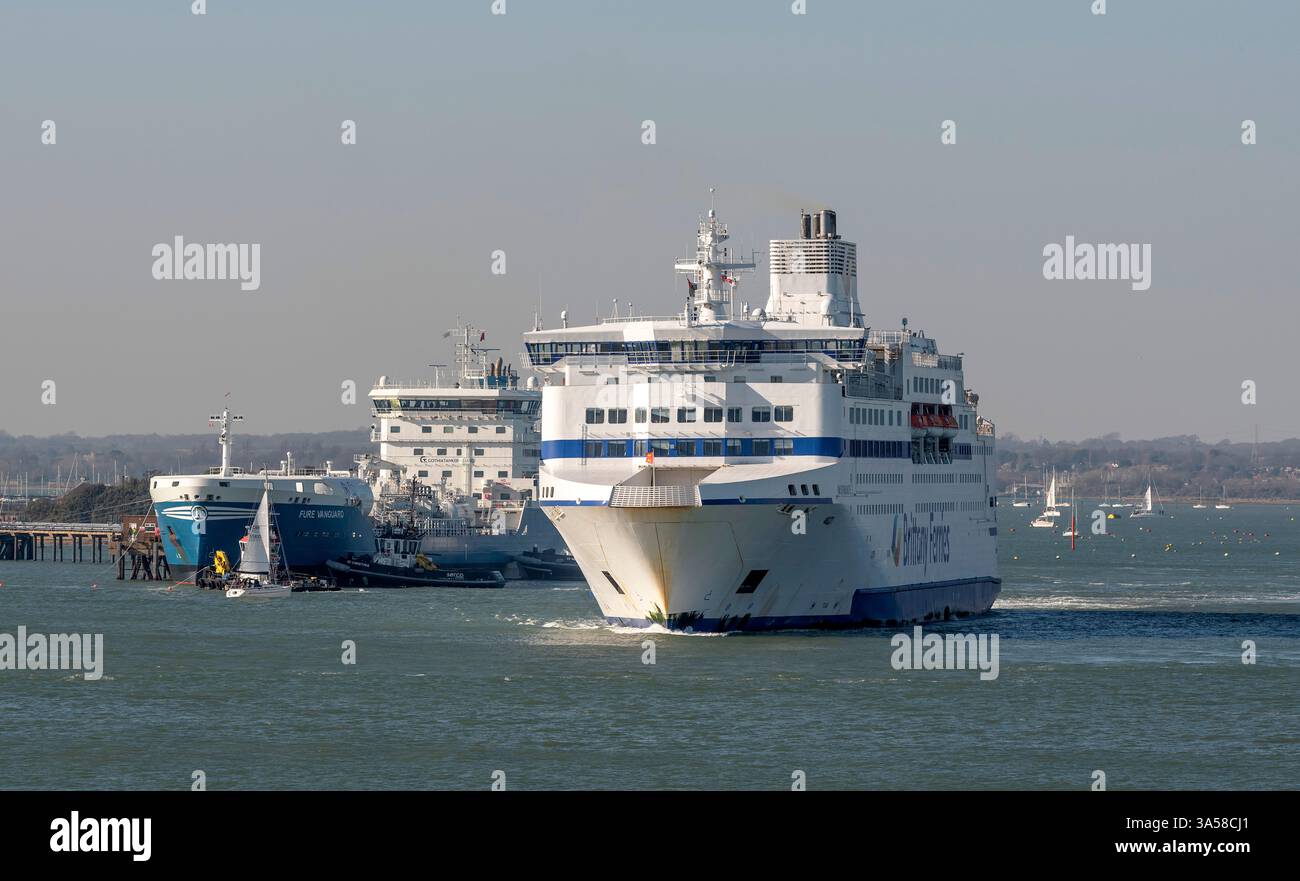Portsmouth England UK. 18.03.2025. A roll. on roll off cross channel ferry Normandie departing Portsmouth Harbour for the English Channel. Stock Photo