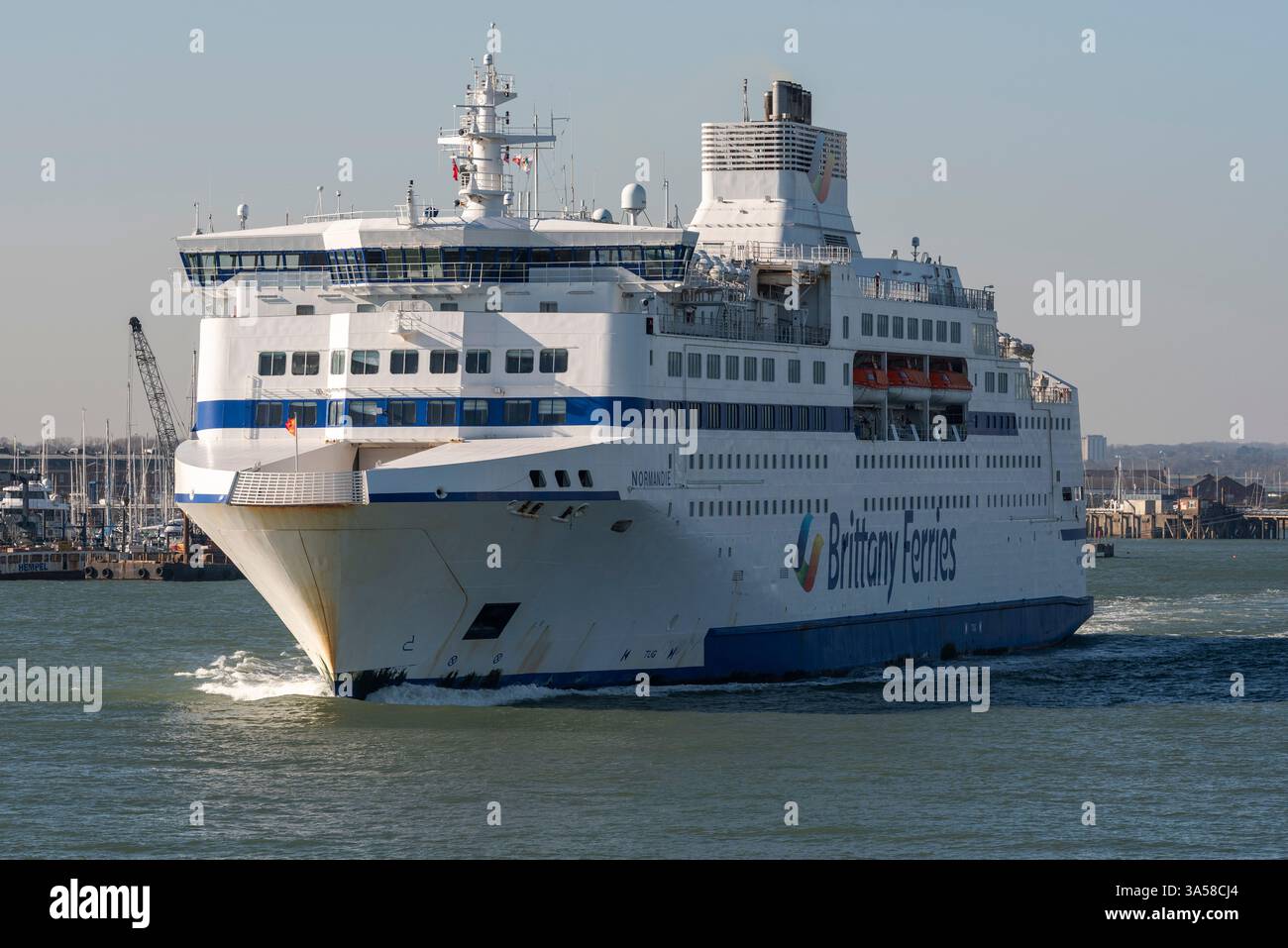 Portsmouth England UK. 18.03.2025. A roll. on roll off cross channel ferry departing Portsmouth Harbour for the English Channel. Stock Photo