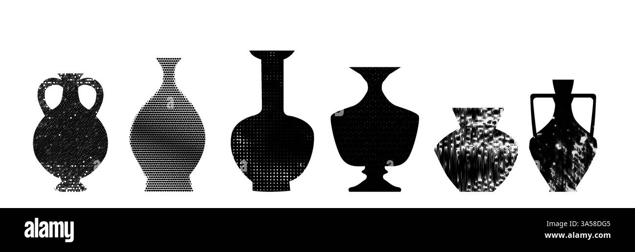 A set of trendy ceramics vases with halftone textures. Grunge background with dots. Vector contemporary illustration with cut out elements Stock Vector