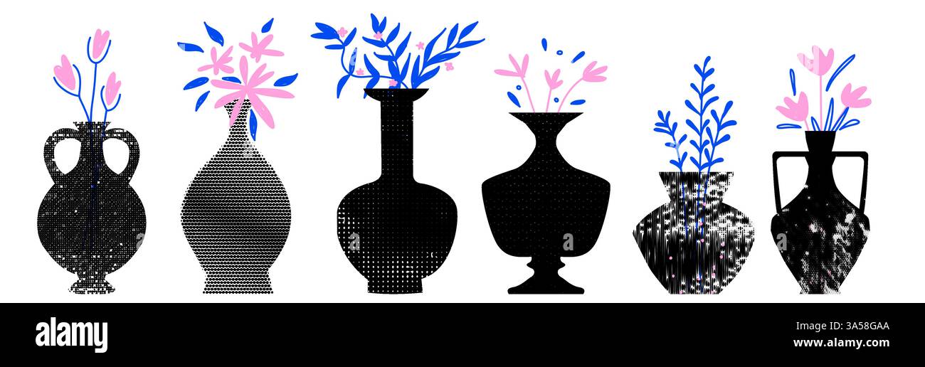 A kit of trendy ceramics vases with halftone textures with doodles flowers and leaves. Grunge background with dots. Vector contemporary illustration Stock Vector