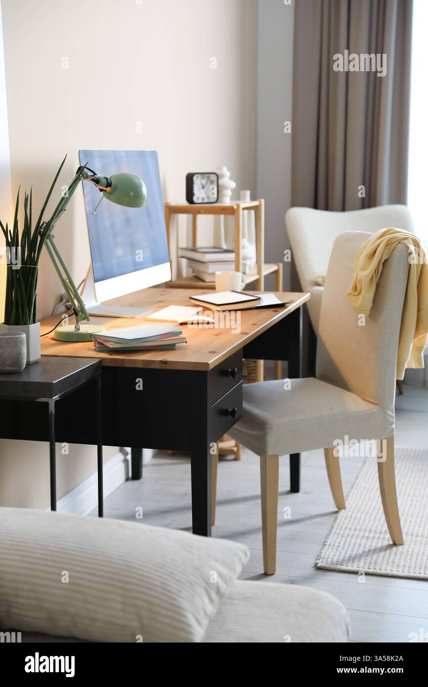 Comfortable workplace with modern computer in home office Stock Photo ...