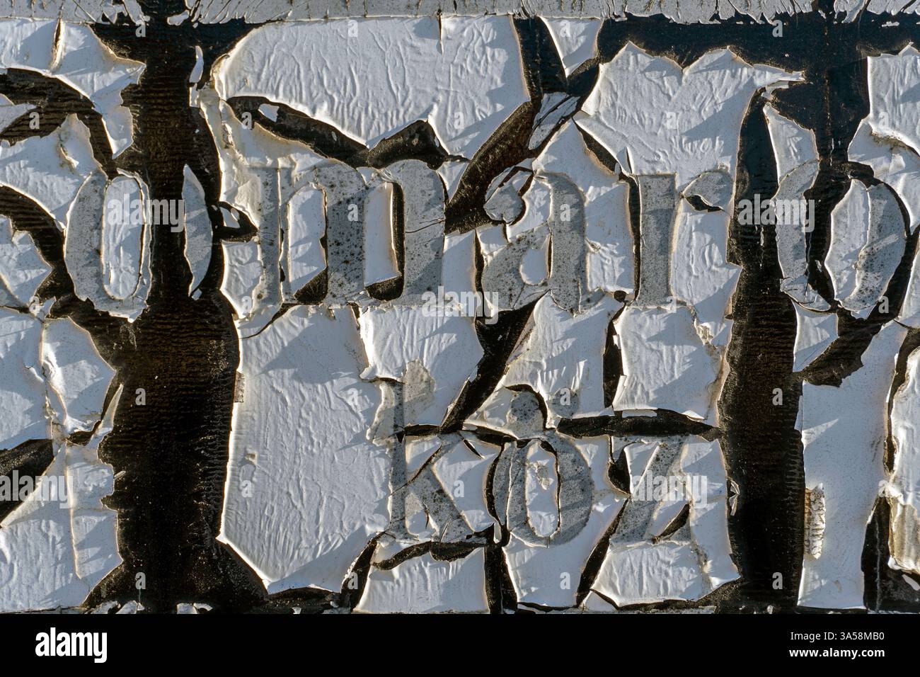 A weathered white surface with cracks showcases stylized lettering. The ...