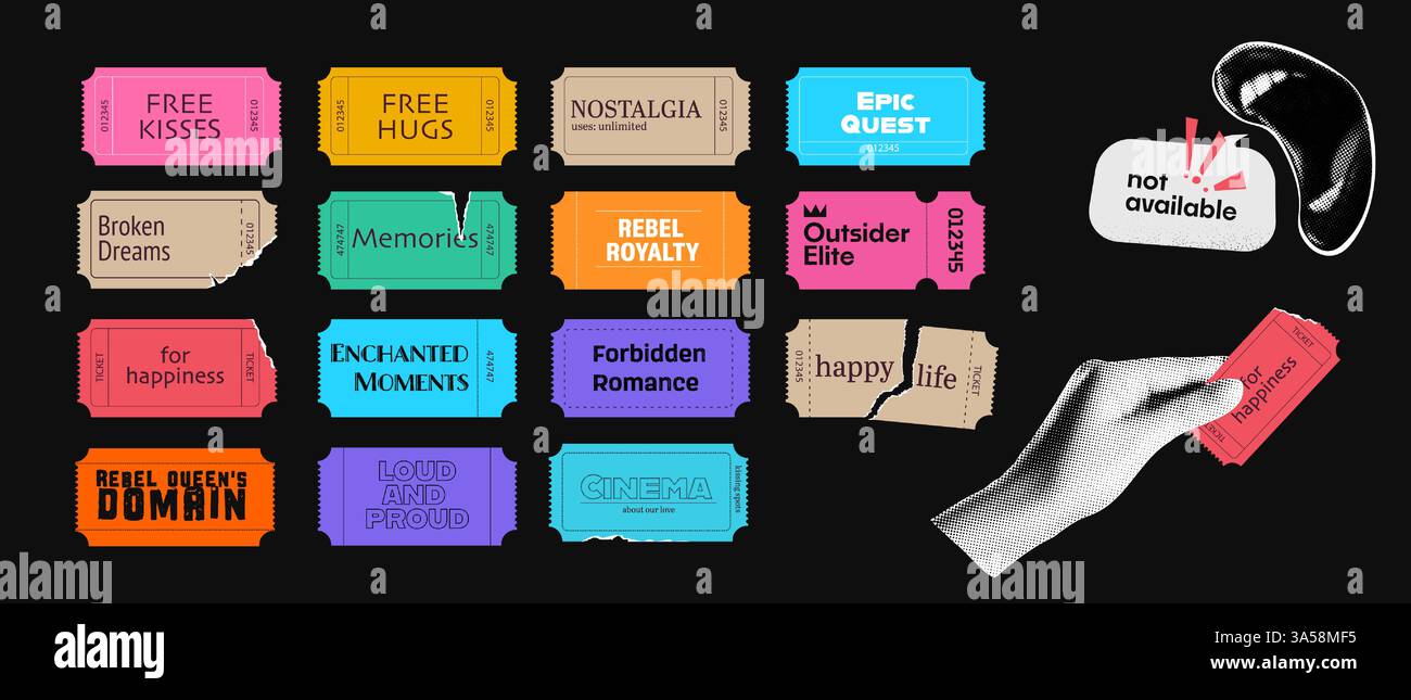 A set of tear-off tickets with teenage phrases. Paper torn elements for trendy collage design. Vector illustration with vibrant wavy coupons. Stock Vector