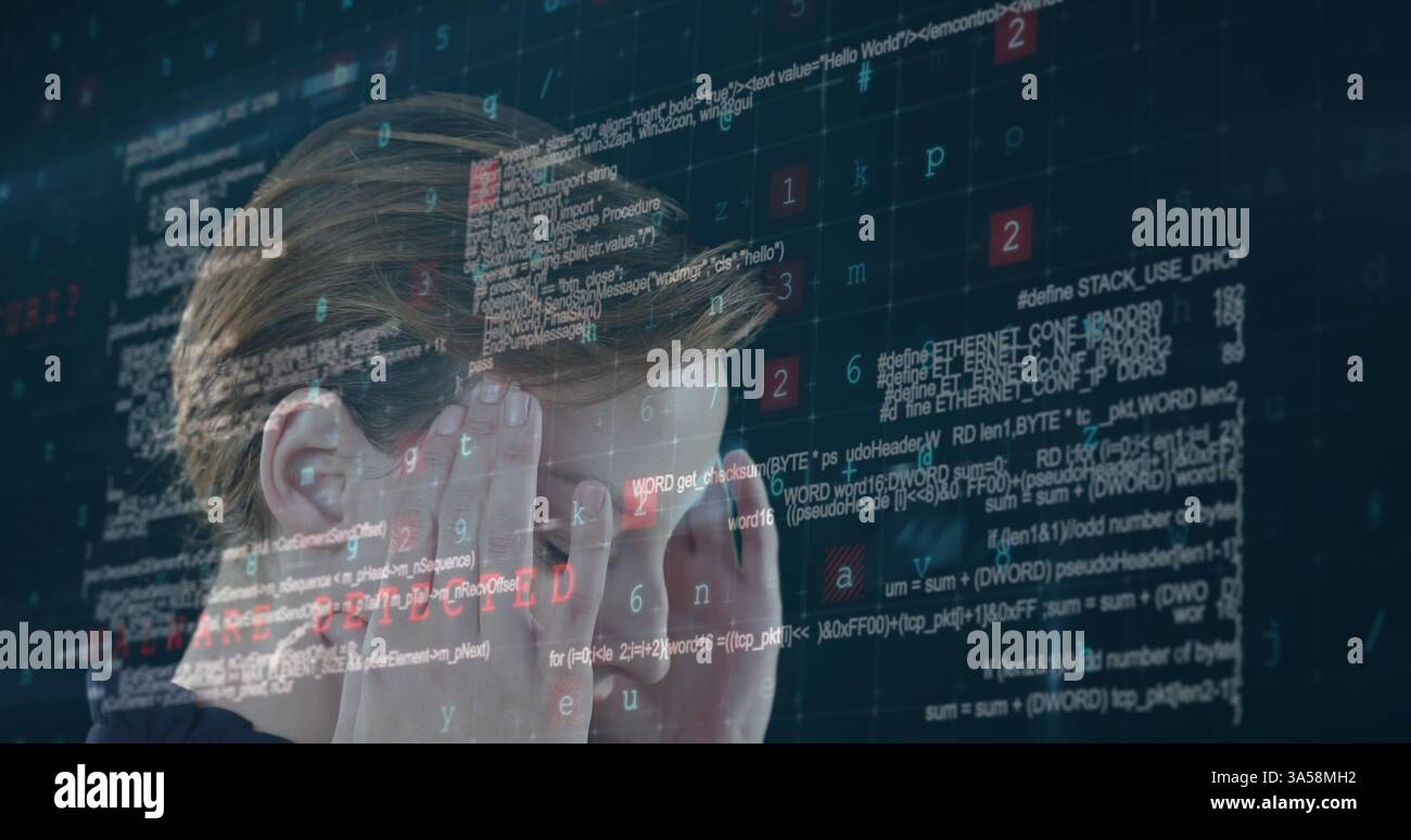 Stressed person surrounded by complex code, overwhelmed by programming challenges Stock Photo