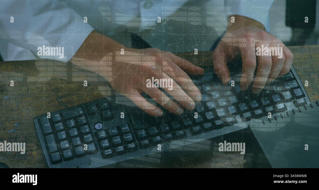 Hands typing on keyboard with digital data overlay, focusing on technology concept Stock Photo