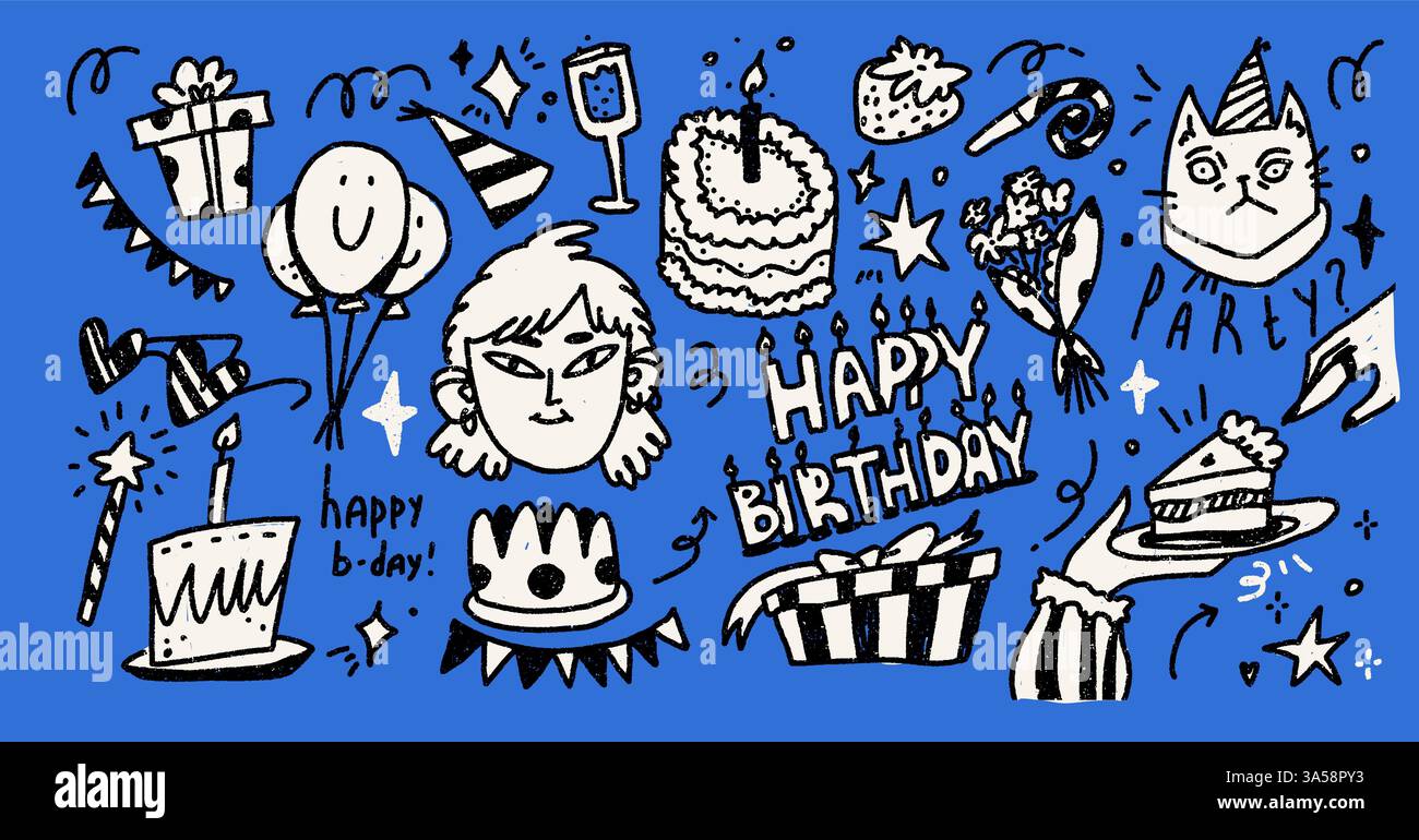 Py Birthday Set of happy birthday doodles. Party cake. Ellements collection and ...