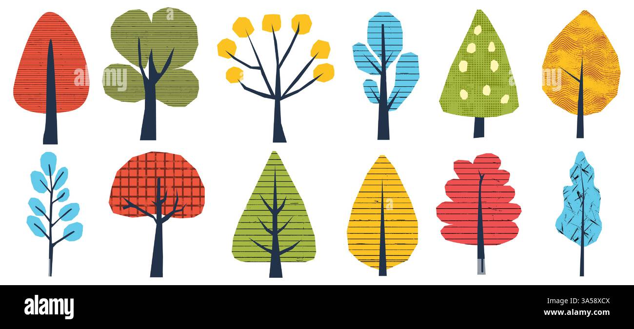 Childish collage of paper naive cutout color tree elements set with ...