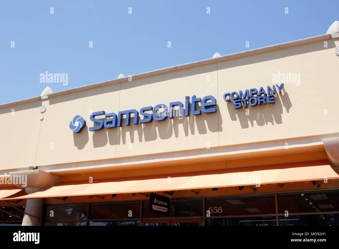Commerce, California, United States - 08-05-2019: A view of a store front sign for Samsonite. Stock Photo
