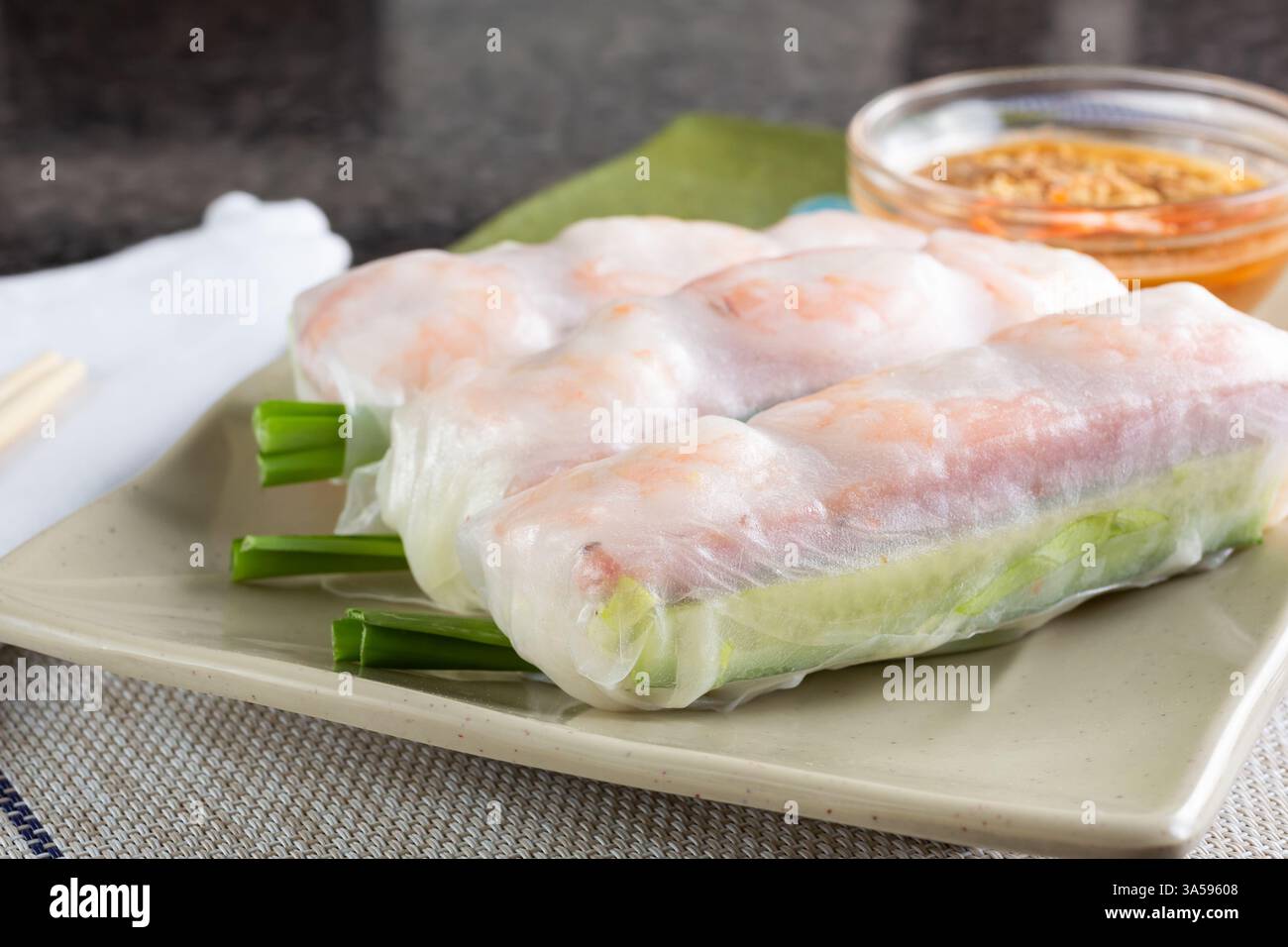 A view of some spring rolls, on a plate. Stock Photo