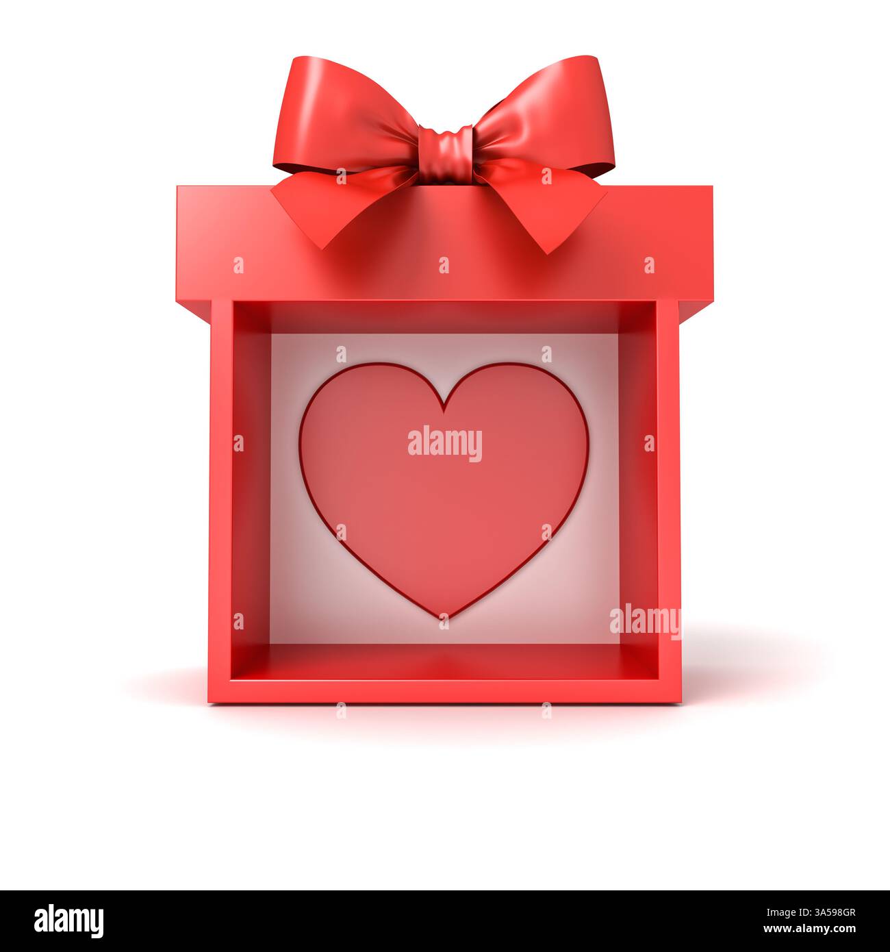 Blank red gift box display mockup with love like heart or red present box tied with red ribbon bow and heart isolated on white background with shadow Stock Photo