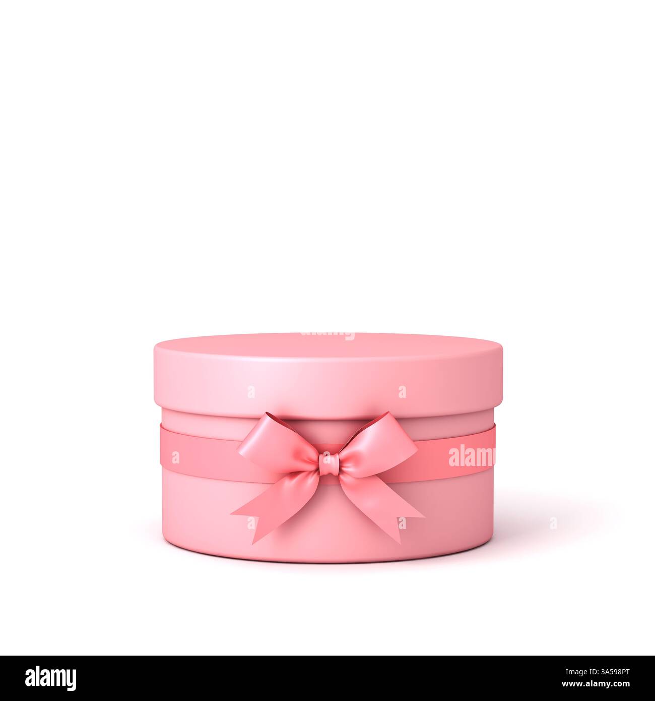 Blank pink pastel color round present box with cover lid and pink ribbon bow or cylinder gift box products display mockup isolated on white background Stock Photo