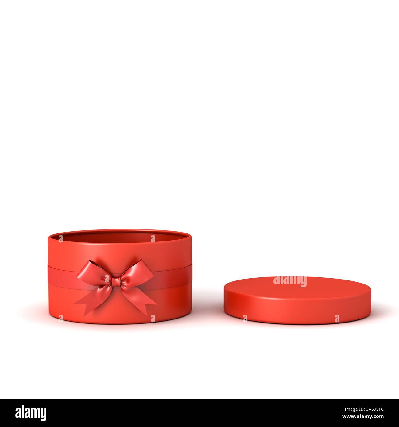 Blank red round present box open with red ribbon and bow or opening blank cylinder gift box product display mockup isolated on white background with s Stock Photo