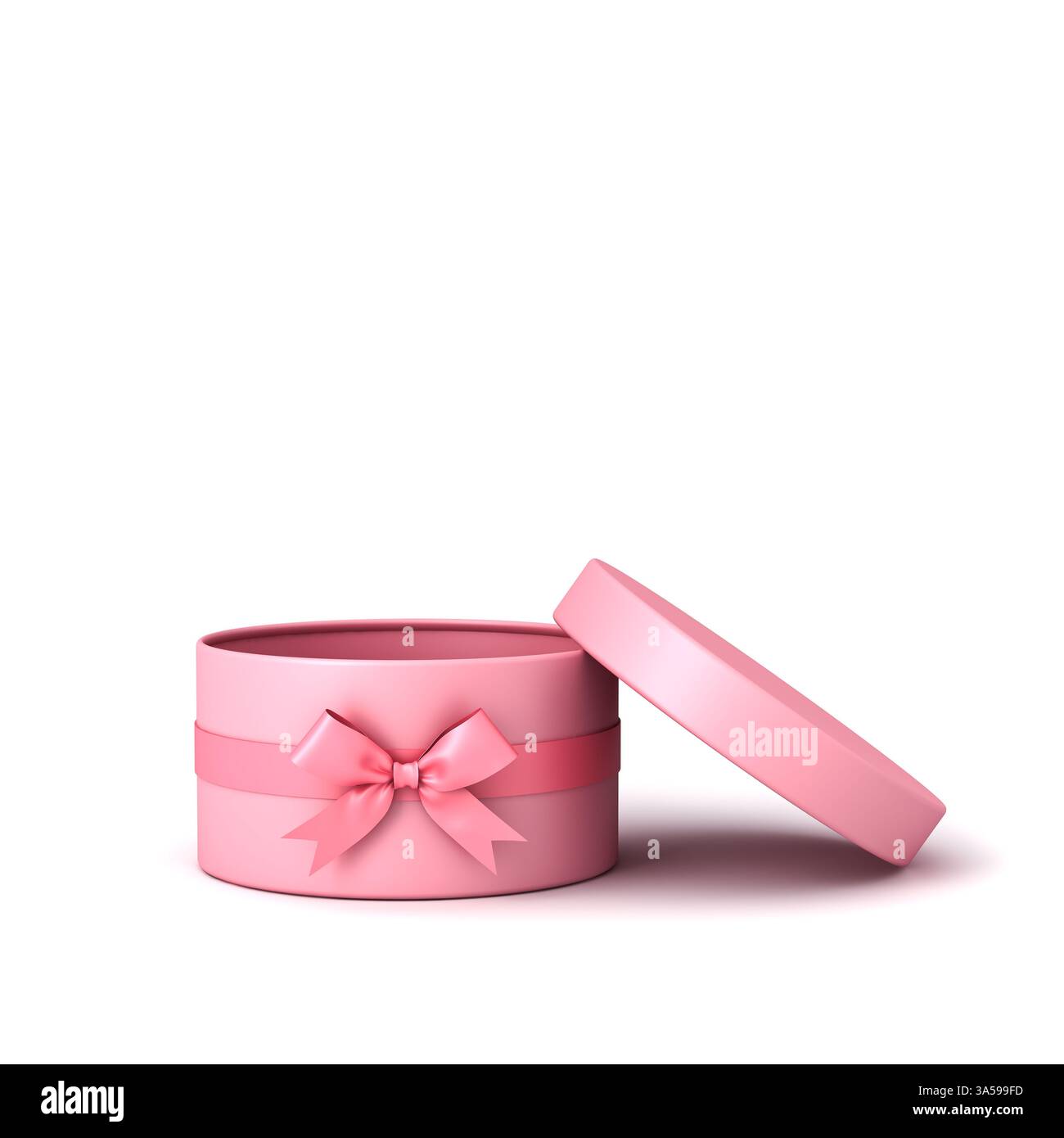 Blank pink pastel color round present box open with pink ribbon bow or opening cylinder gift box products display mockup isolated on white background Stock Photo