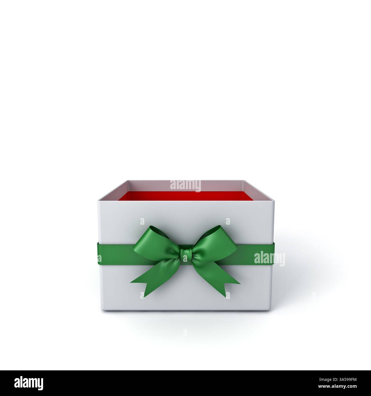 Blank white container gift box open or products display mockup present box showcase with green ribbon bow and red inside isolated on white background Stock Photo