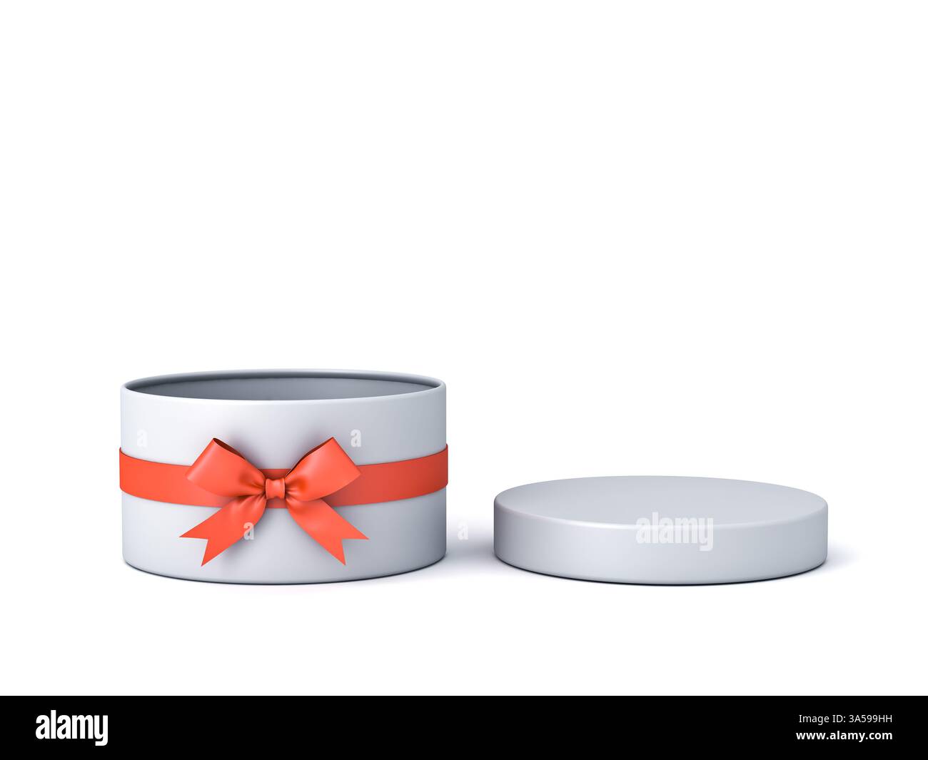 Minimal white round present box open with red ribbon and bow or opening blank cylinder gift box product display mockup isolated on white background wi Stock Photo