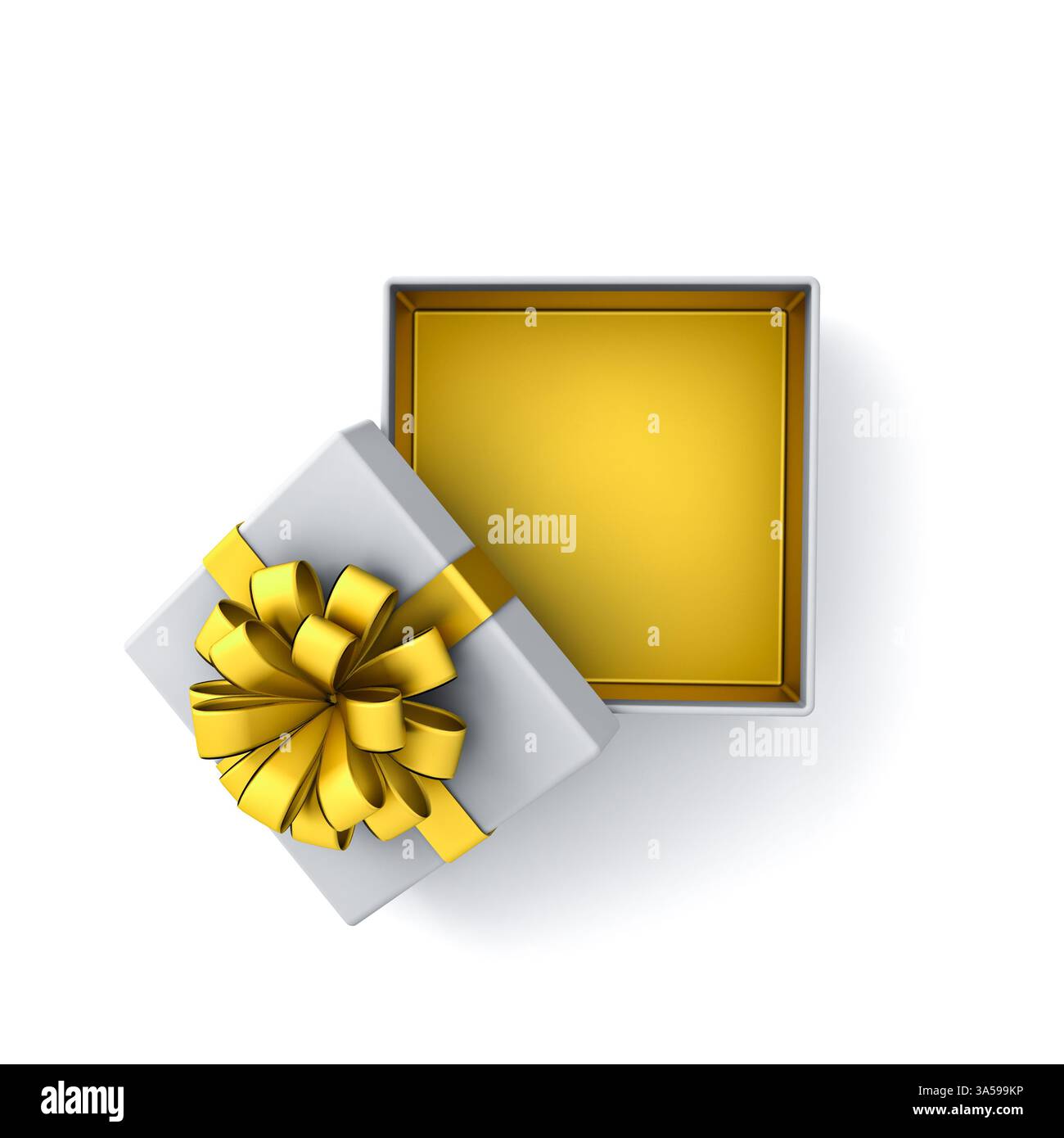 Top view of open gold present box product display mockup showcase tied with golden ribbon bow or blank opened gold gift box isolated on white backgrou Stock Photo