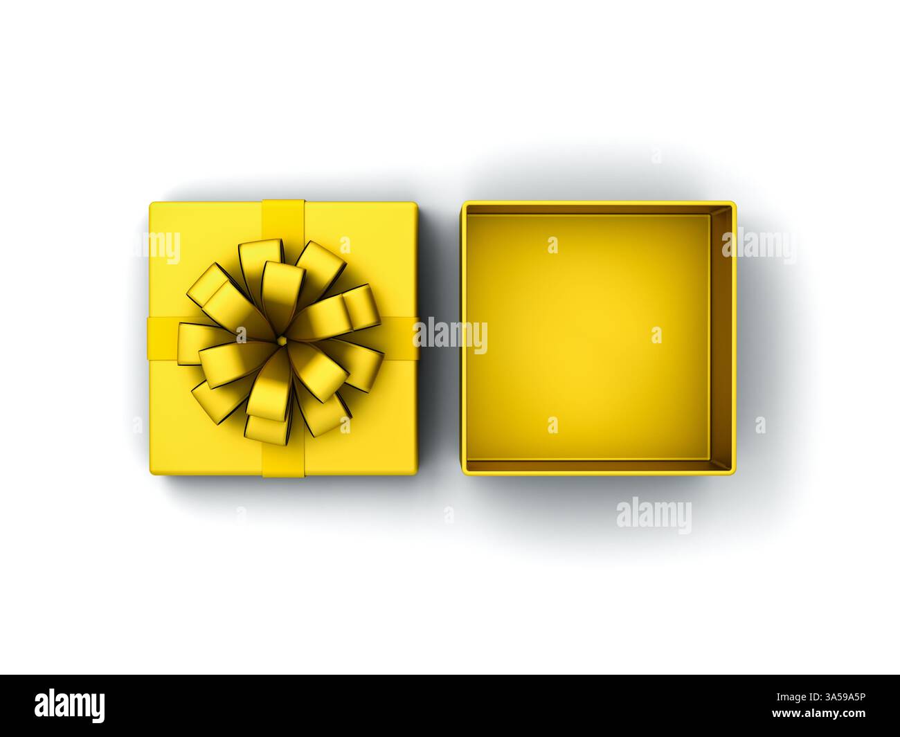 Top view of whole gold present box product display mockup showcase tied with golden ribbon bow or blank gold gift box open isolated on white backgroun Stock Photo