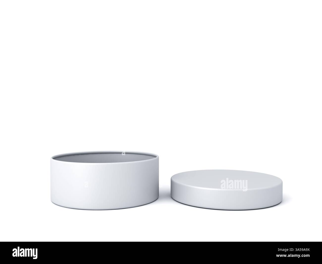Minimal white round box open with cover lid or blank cylinder gift box product display mockup isolated on white background with shadow creative idea c Stock Photo