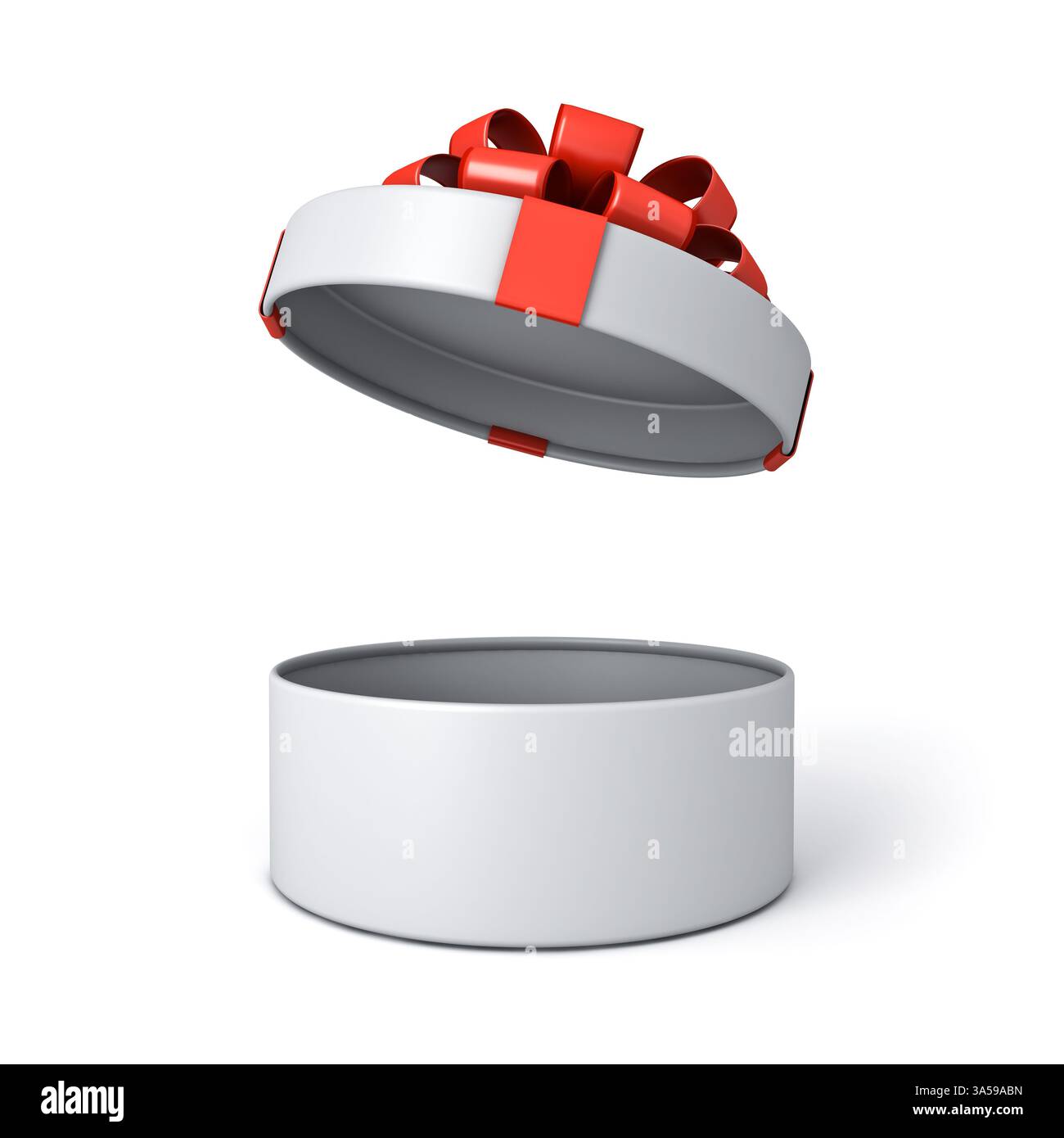 Minimal white round present box open with red ribbon and bow or opening blank cylinder gift box product display mockup isolated over white background Stock Photo