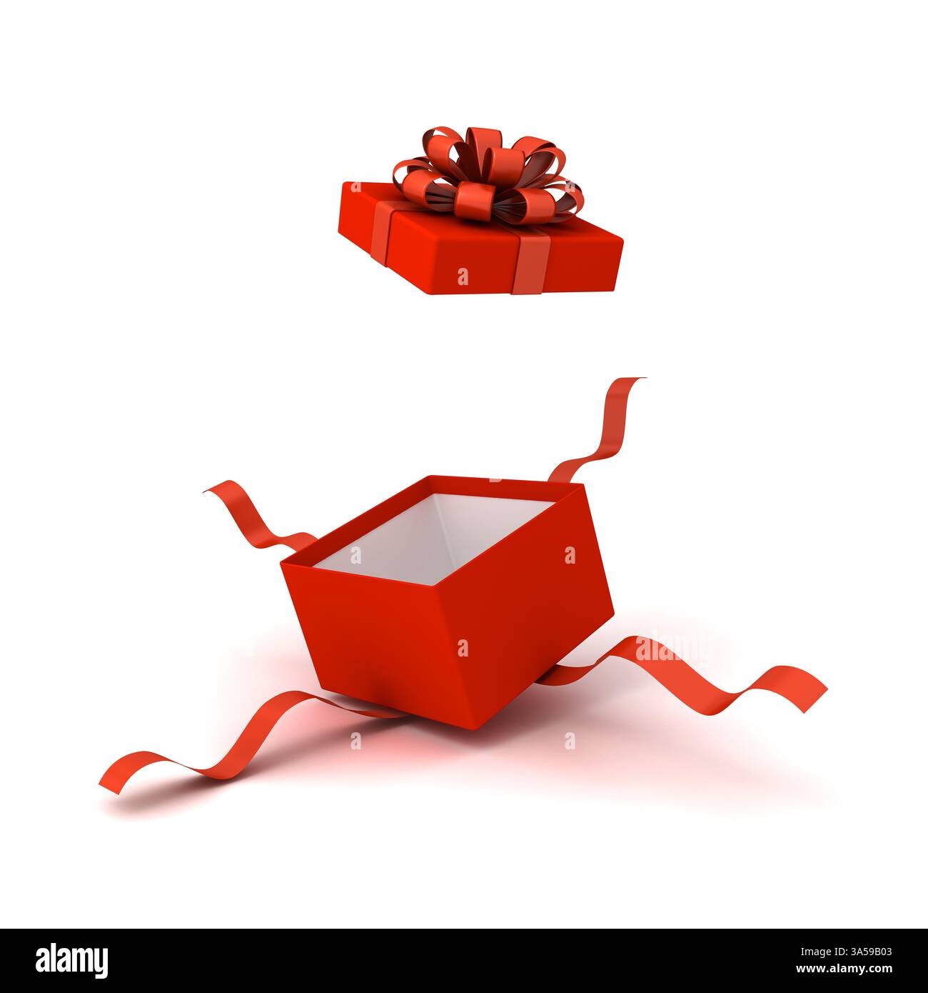 Open red gift box product display mockup or blank red present box with red ribbons and bow isolated on white background with shadow 3D rendering Stock Photo