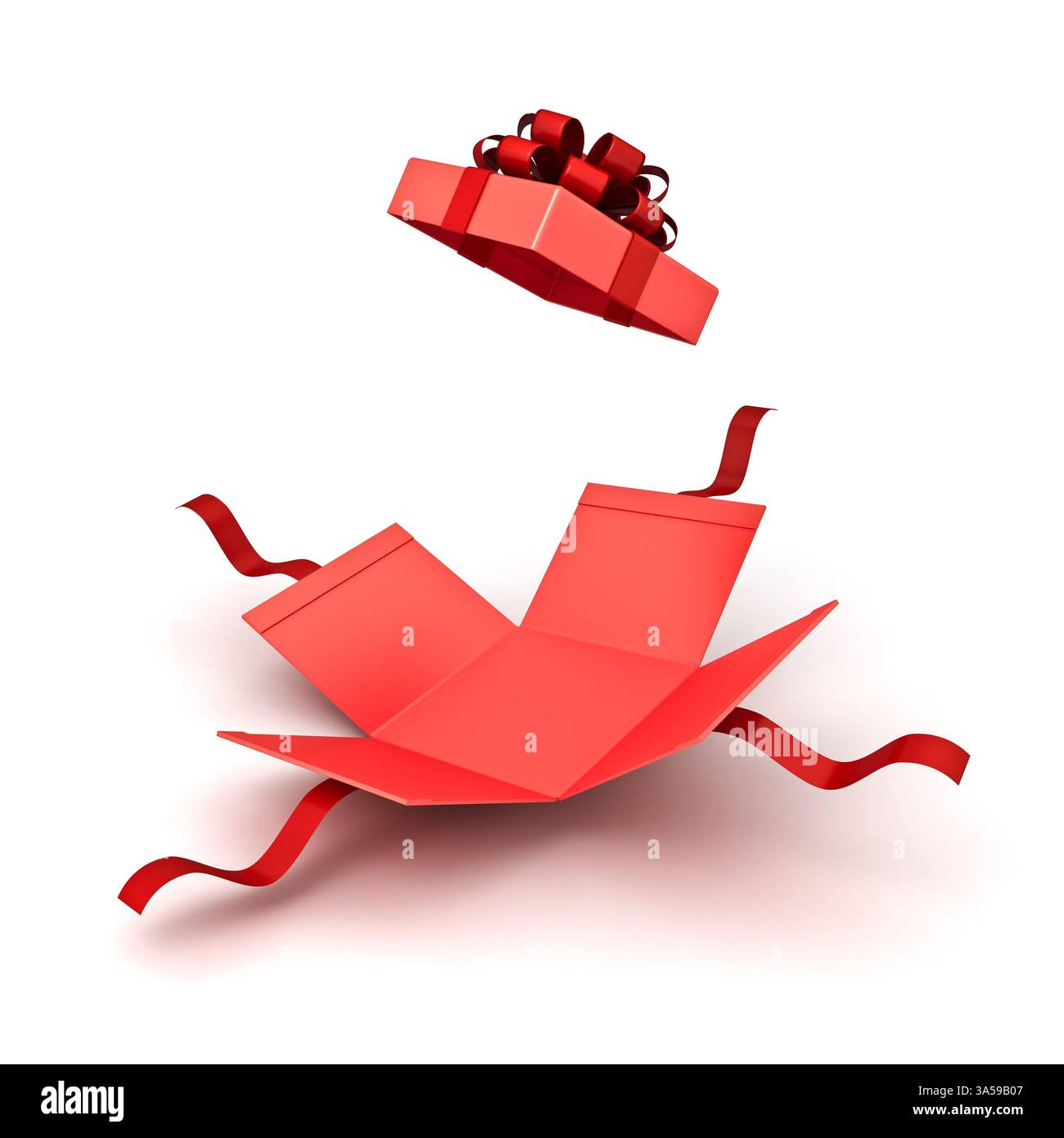 Unfolded red gift box product display mockup or blank open red present box with red ribbons and bow isolated on white background with shadow 3D render Stock Photo
