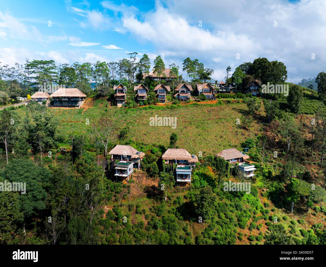 Luxury eco-lodges on the lush hills of Ella, Sri Lanka, offer a serene retreat with stunning mountain views, blending nature with modern comfort and s Stock Photo